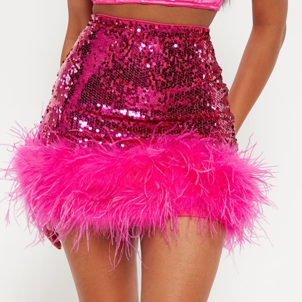 Pink Sequin Feather Trim Skirt